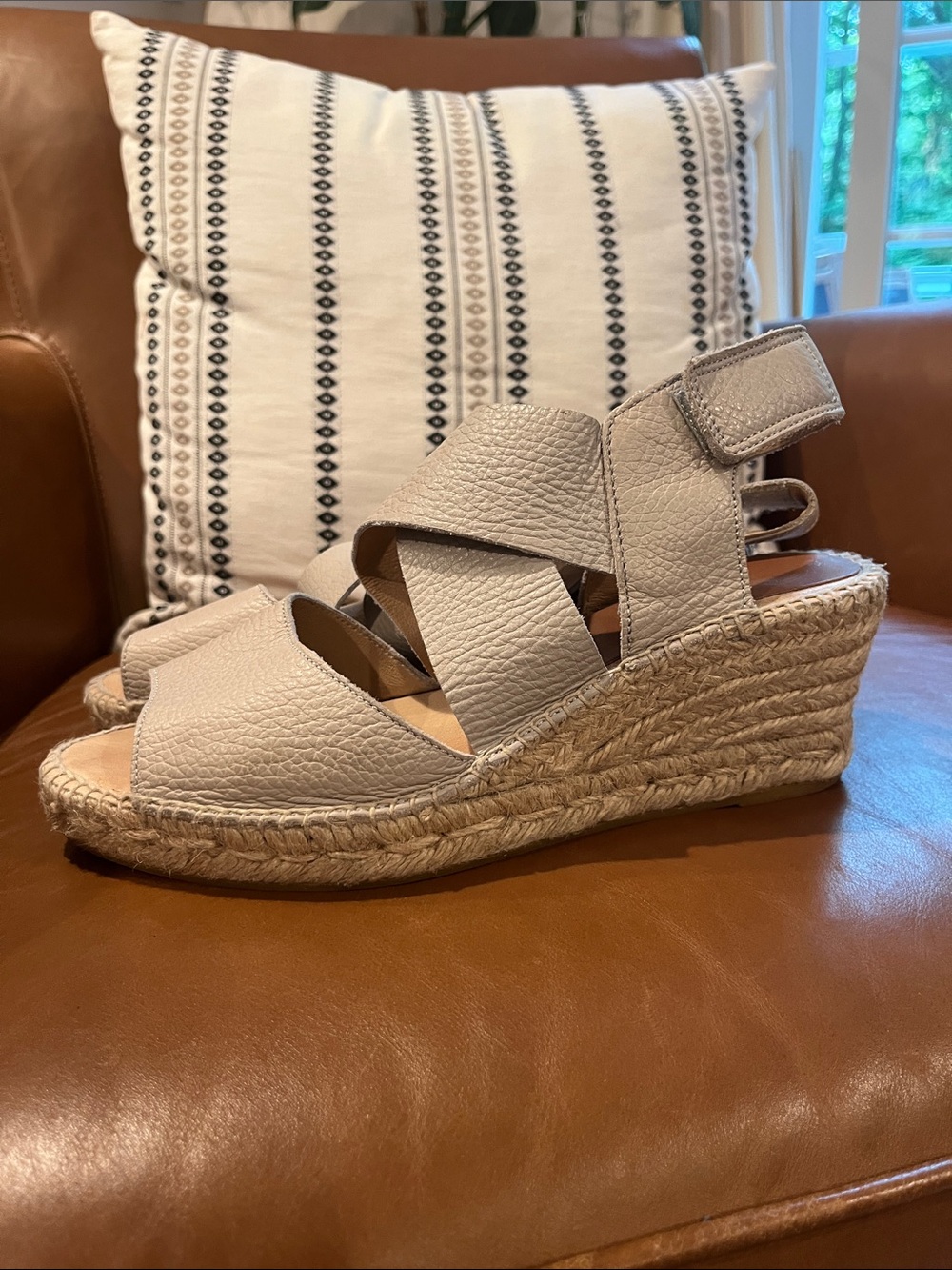 kanna Beige Leather Espadrille Wedge Sandals